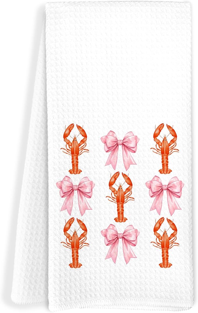 Pink Coquette Bow Crawfish Beach Kitchen Towels, Lobster Lover Gifts Dish Tea Towels for Kitchen, Coastal Nautical Hand Towels for Bathroom, Seafood Boil Party Supplies, 16x24 Inch