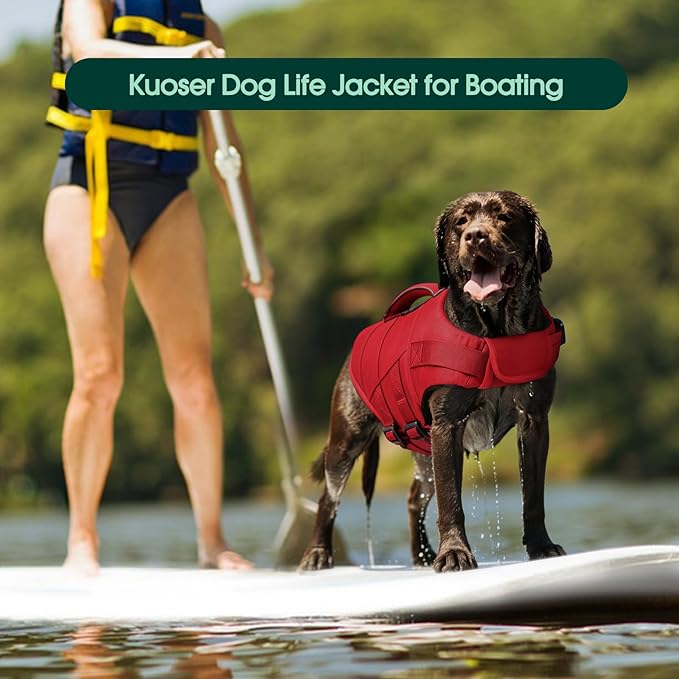 Kuoser Dog Life Jacket, High Flotation Dog Life Vest for Swimming Boating, Adjustable Small Medium Large Dogs Swim Vest with Rescue Handle and Pocket, Reflective Safety Pet Lifejacket Floats for Pool