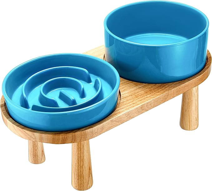Ceramic Slow Feeder and Water Bowl Set for Medium and Large Dogs, 8.0 Inches Ceramic Dog Bowls Elevated with Wooden Stand, 2.0 Cups Dog Slow Feeder(30oz) and 70oz Water Bowl Set, Blue