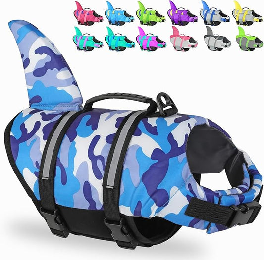 Fragralley Life Jacket Shark Camo Swimming Vest for Dogs - Reflective Lightweight Safety Vest With Superior Buoyancy & Rescue Handle for Small Medium Large Dogs, Swim, Pool, Beach, Boating