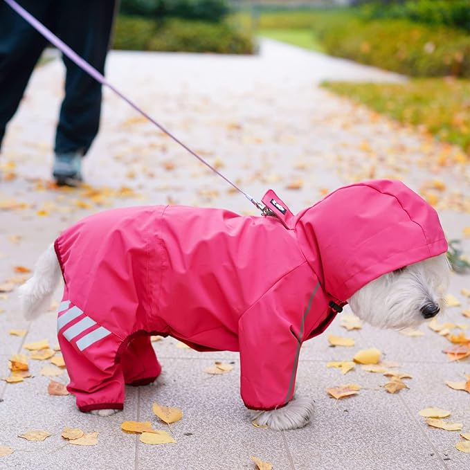 Dog Raincoat, Waterproof Dog Rain Jacket with Hood, Rain Coat with Leash Hole, Reflective Strap for Small Medium Dogs, Outdoor Adventures/Walking Lightweight Puppy（Pink,XS）