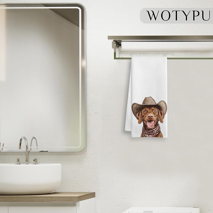 Cowboy Vizsla Kitchen Towels, Vizsla Gifts for Women Men Dish Tea Towel for Kitchen Decor, Funny Western Dog Hand Towels for Bathroom Decor, Dog Lover Mom Gifts, 16X24 Inch