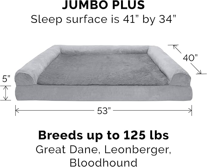 Furhaven Memory Foam Dog Bed for Large Dogs w/ Removable Bolsters & Washable Cover, For Dogs Up to 125 lbs - Plush & Suede Sofa - Gray, Jumbo Plus/XXL