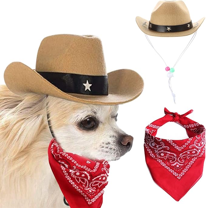 Dog Cowboy Hat and Bandana Scarf Dog Cat Sombrero Puppy Hat Dog Cat Costume Cosplay Cap Puppy Pet Dog Cat Holiday Pet Party Decoration (Khaki)