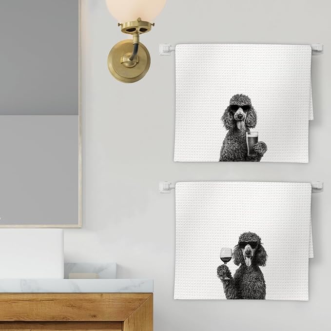 Gifts for Poodle Dog Wine Lovers Kitchen Towels Set of 2, Poodle Gifts Wine Decorative Hand Dish Towel for Kitchen Home Bar, Funny PoodleDog Beer Lover Home Bar Cart Decor(16x24 Inch)