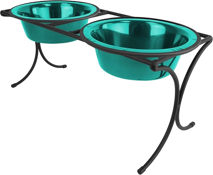 Platinum Pets Bistro Double Diner Feeder with Stainless Steel Dog Bowls, Large, Caribbean Teal