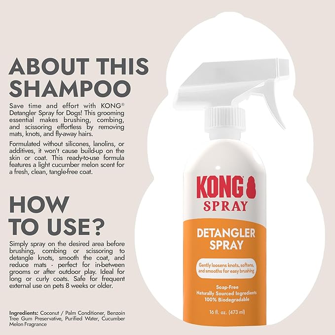 Kong Detangler Spray for Dogs – Cucumber Melon Scent, 16 fl oz – Loosens Knots, Softens & Smooths Coats, Biodegradable, Alcohol-Free, Dye-Free, Cruelty-Free, for Sensitive Skin, Made in USA