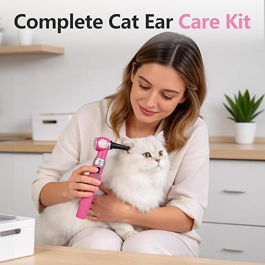 Veterinary LED Otoscope for Pets Cat-Design - Ear Infection Detector with Light, 6 Disposable Tips for Dogs & Cats, Portable Home Ear Checker (Pink)
