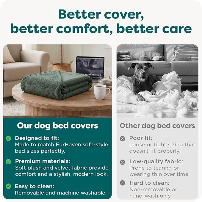 Furhaven Replacement Dog Bed Cover Faux Fur & Velvet Sofa-Style, Machine Washable - Dark Sage, Medium