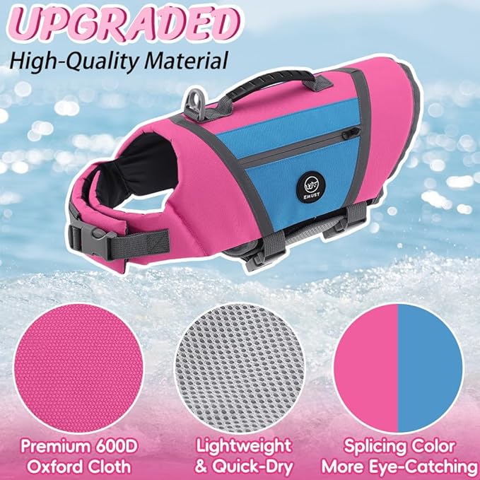 EMUST Dog Life Vests for Boating, Water-Resistant Dog Swimming Vest with Rescue Handle, Comfortable Fit Pet Life Jacket Medium with D-Ring for Rafting, Surfing, Canoeing, Pink&Blue, M