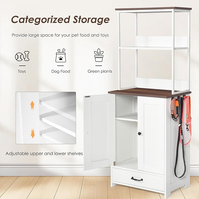 Echo Voyage Pet Feeding Station with Bowls, Adjustable Panel with Storage Function Pet Feeder Station for Dogs Cats for Feeding & Watering Supplies, Dog Feeding Station with 2-Level Shelving, White