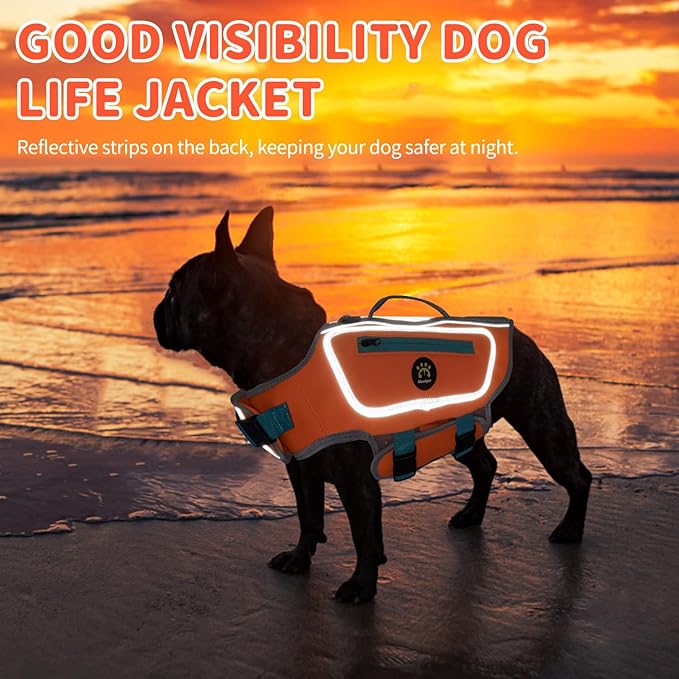 Dog Life Vests for Swimming, High Visibility Dog Life Jacket Lightweight Adjustable Reflective Dogs Swim Vest for Boating, High Floating Dogs Life Preserver with Rescue Handle, Orange, XL