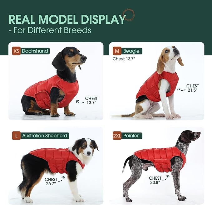 Kuoser Dog Puffer Jacket Warm Dog Coat for Extra Large Dogs, Windproof Reflective Pet Padded Vest Cold Weather Clothes Puppy Snowsuit with Hook & Loop Coats for Great Dane, Easy On/Off, Red 3XL