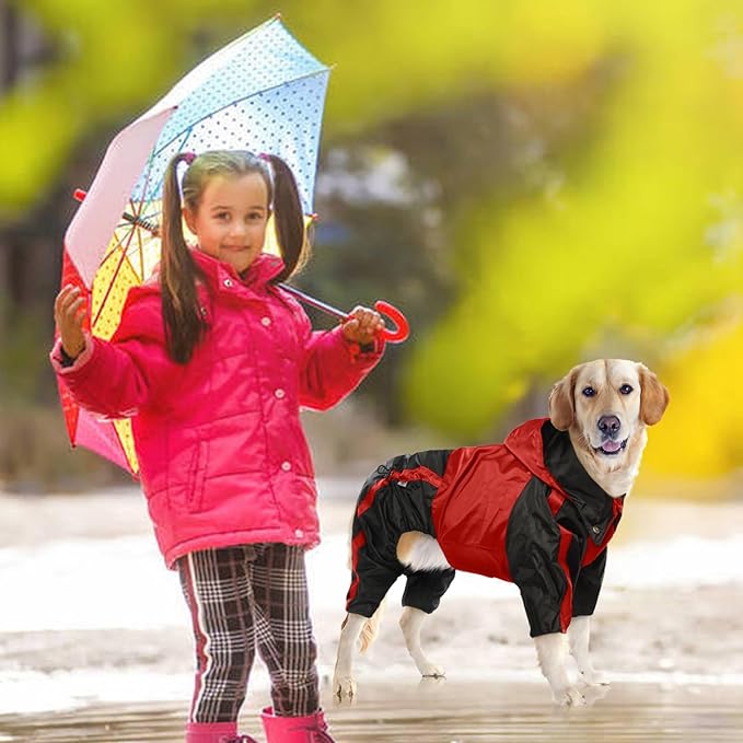 Dog Raincoat, Waterproof Dog Rain Coats for Large Dogs, Lightweight Rain Jacket, Adjustable 4 Legs Pet Poncho with Hood, Snow-Proof Dog Vest Rainwear, Rain Clothes Apparel with Leash Hole, Red