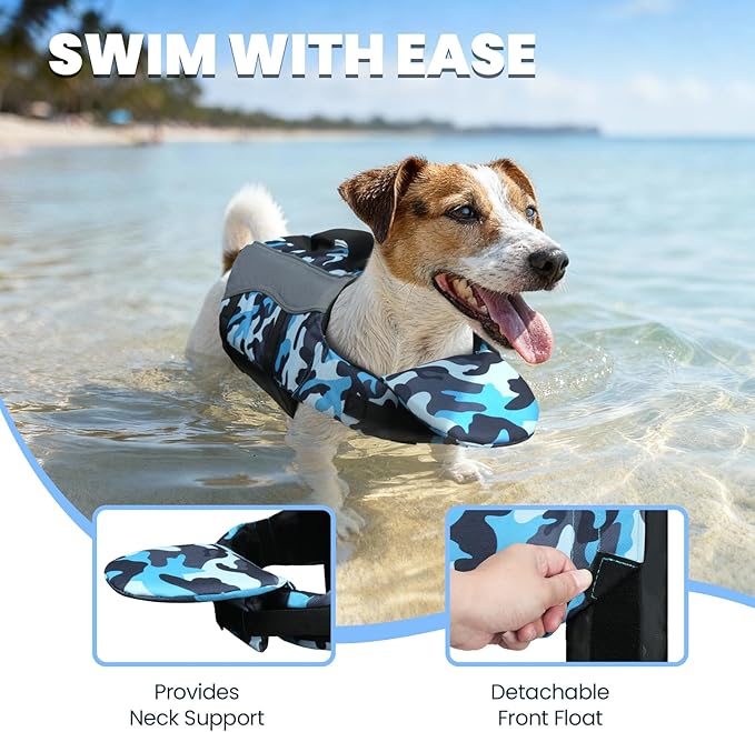 VIVAGLORY Front Float Dog Life Vest, Dog Life Jacket for Swimming & Boating, Swimming Vest with Chin Float & Handle, Ripstop & Buoyancy for Puppy Doggy, S, Camo Blue
