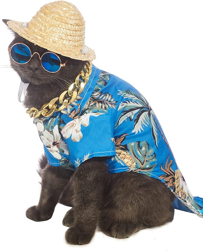 Hawaiian Dog T Shirts Pet Summer Clothes Cat Sunglasses Funny Straw Hat Kitten Costumes with Gold Chain Collar (Medium,Blue)