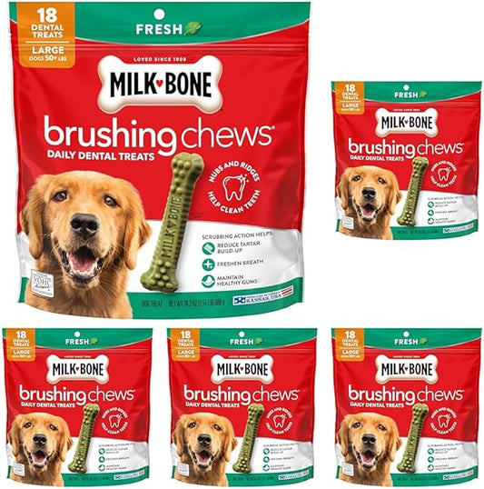 Milk-Bone Brushing Chews Fresh Mint Flavor Daily Dental Dog Treats, Large, 24.2 Oz. Bag (Pack of 5)