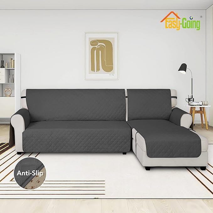 Easy-Going Waterproof Sectional Couch Covers with Chaise 2-Piece Non Slip L Shape Sofa Cover for Dogs Leakproof Furniture Protector Cover with Adjustable Strap for Pets (Small, Dark Gray)