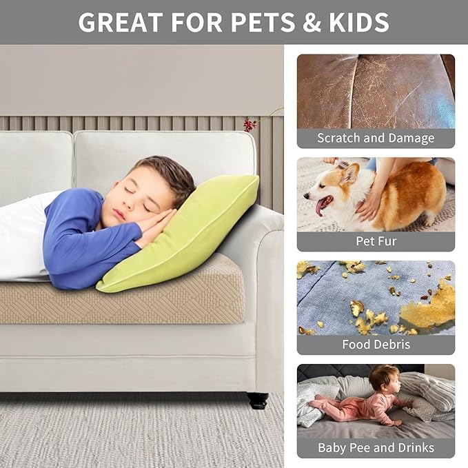 Easy-Going Waterproof Couch Cushion Covers for Couches and Sofas, Stretch Jacquard Sofa Seat Cover Replacement for Dogs, Pets & Kids, Durable Furniture Protector for Chair Cushions, Camel
