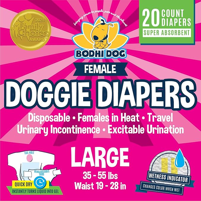 Bodhi Dog Disposable Female Dog Diapers - Super Absorbent Dog Diapers for Female Heat Cycle - Adjustable Fit Pee Wraps for Potty Training, Moisture Control & Wetness Indicator - Large (20 Count)