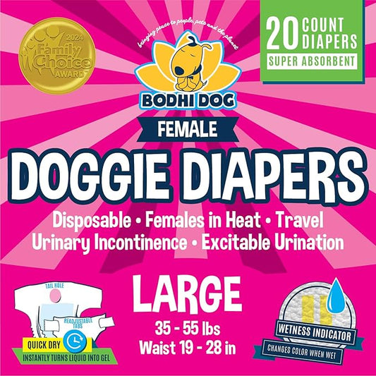 Bodhi Dog Disposable Female Dog Diapers - Super Absorbent Dog Diapers for Female Heat Cycle - Adjustable Fit Pee Wraps for Potty Training, Moisture Control & Wetness Indicator - Large (20 Count)