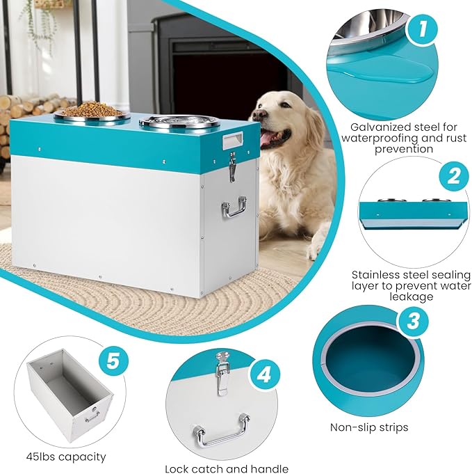 Elevated Dog Bowls with Storage Large Breed 15" H Raised Dog Bowl, 2 in 1 Pet Food Storage Container & Feeder, Galvanized Steel Pet Feeder Feeding Station, Holds Up to 45lbs (L)