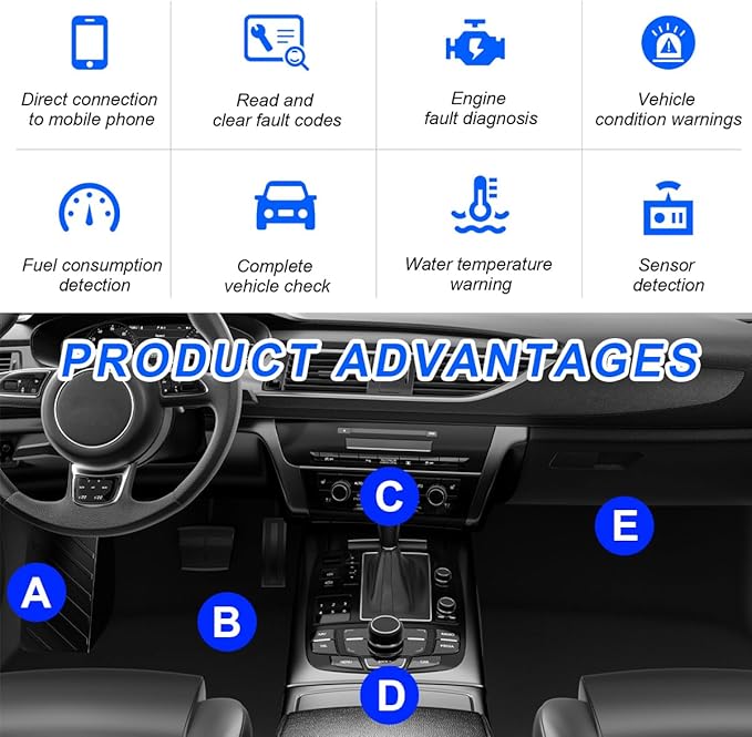 ELM327 OBDII Car Auto Diagnostic Scanner, Professional Wireless Bluetooth Scan Tool Failure Detector, OBD2 Engine Fault Code Reader for Android Windows, Car Accessories