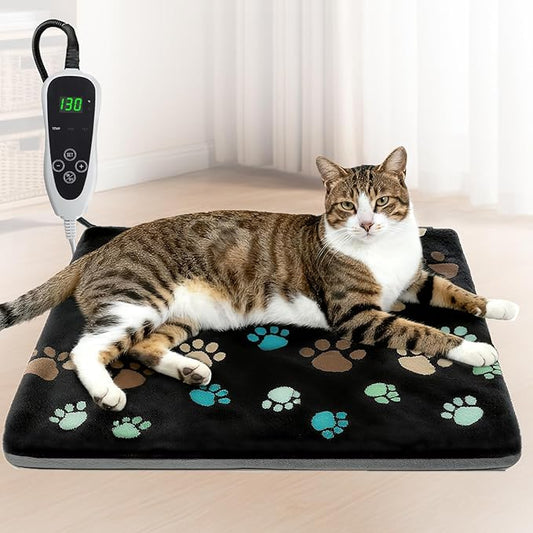 Cat Heating Pad 18x18 in with Smart Thermostat Switch and Power Line Protection Tube,Obtained MET and UL Dual Certification,Waterproof Pet Heating Pad for Cats, with Black Cloth Cover