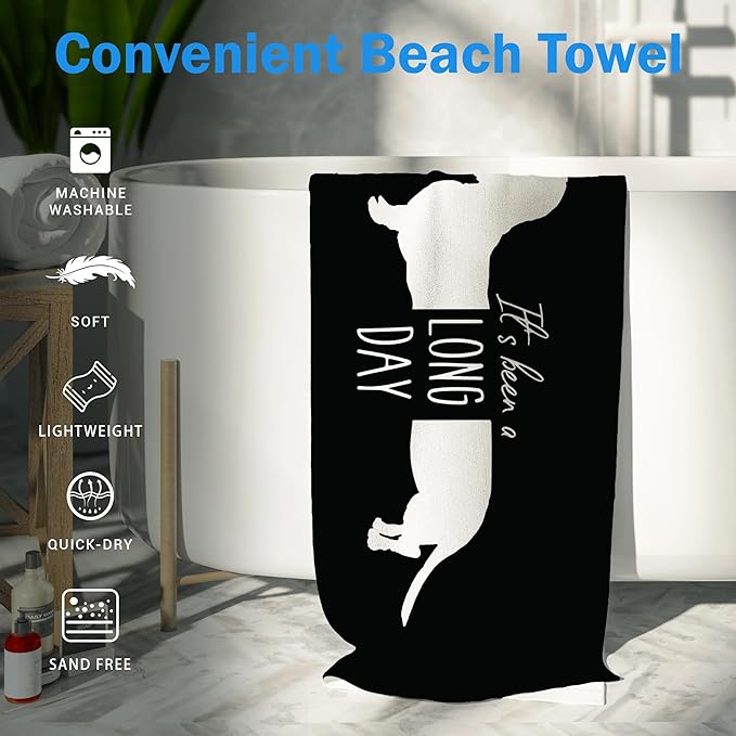 Black Dachshund Dog Beach Towel Gifts for Dog Lovers Owner, Funny It's Been A Long Day Microfiber Quick Dry Travel Sand Free Beach Towels Oversized Decor for Bathroom Swimming Pool 30x60 Inch