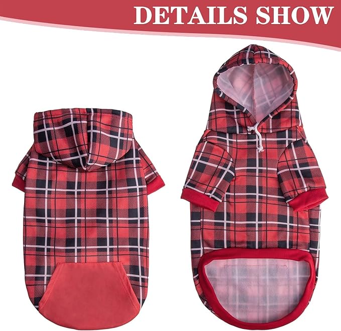EXPAWLORER Plaid Dog Hoodie - British Style Warm Dog Sweater Shirt with Leash Hole,Pitbull Clothes Outfits,Winter Coat Apparel for All Breeds Puppy Girl Boy-Cat Apparel,Red X-Large