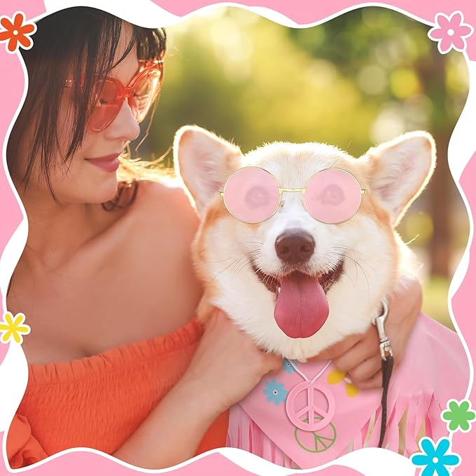 Hippie Dog Halloween Costume Funny Dog Outfits with Pink Cloak Bandana Glasses Necklace Dress up Pet Clothes (Small)