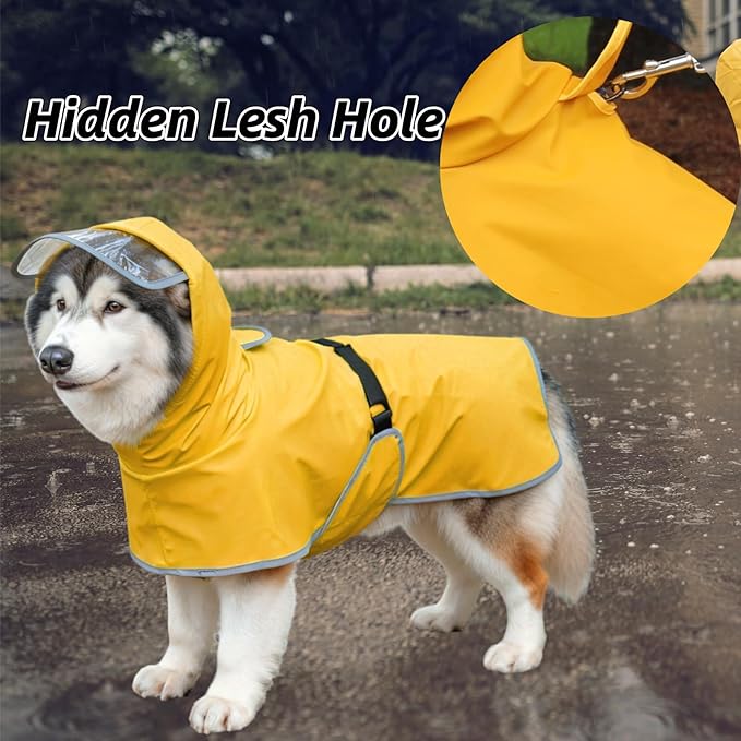 Dog Poncho Hooded Raincoat for Puppies & Small to Large Dogs, Reflective Strips for Night Safety, Lightweight & Adjustable Fit (Large, Yellow)