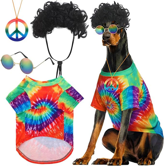 Kinlop 4 Pcs Hippie Dog Costume Halloween Pet Costume Accessories Includes 60s 70s Colorful Tie Dye T-Shirt Funky Wig Peace Sign Necklace and Sunglasses for Party Dress up(Large)