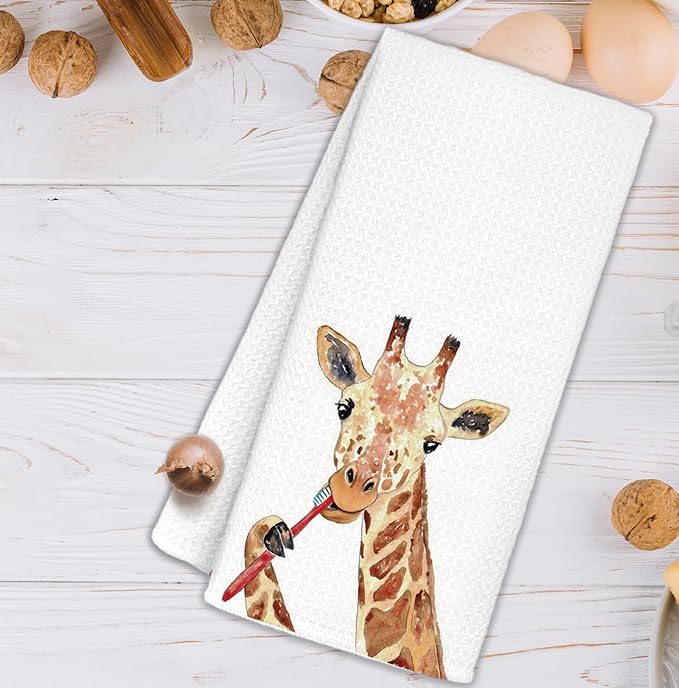 Funny Giraffe Bathroom Hand Towels, Giraffe Gifts for Kids, Kids Bathroom Decor, Brushing Teeth Wild Animal Hand Towels for Bath Room Washroom Toilet, 16x24 Inch