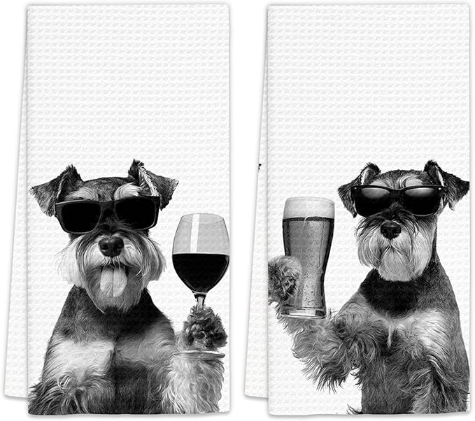 Gifts for Mini Schnauzer Dog Wine Lovers Kitchen Towels Set of 2, Schnauzer Gifts Wine Decorative Hand Dish Towel for Kitchen Home Bar, Funny Dog Beer Lover Home Bars Kitchens Decor(16x24 Inch)
