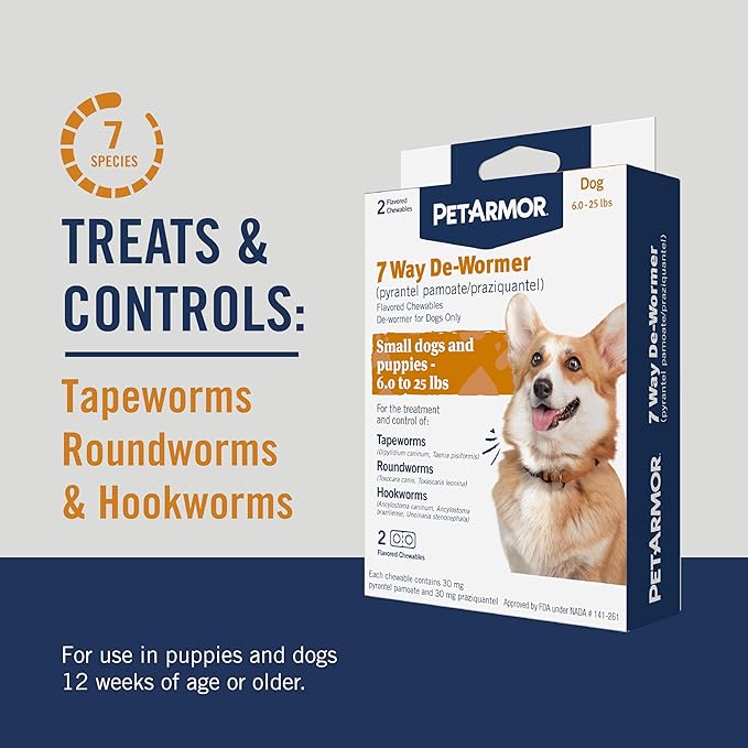 PetArmor 7 Way De-Wormer for Dogs, Oral Treatment of Tapeworm, Roundworm & Hookworm, Dewormer for Puppies & Small Dogs (6-25 lbs), Worm Remover (Praziquantel & Pyrantel Pamoate), 2 Flavored Chewables