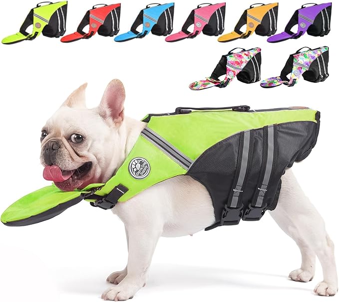 Dog Life Jacket, French Bulldog Life Vest for Swimming Boating, Dog Swim Vest with Chin Float and Rescue Handle, High Flotation Puppy Life Jackets (Chest Girth: 17" to 30", Weight: 17" to 28" LB)