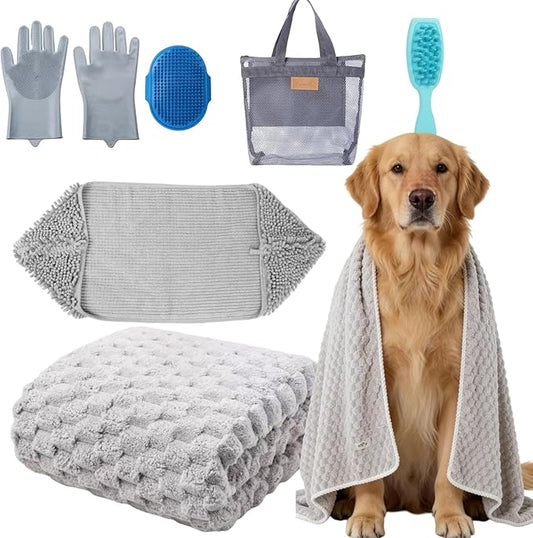 6 Pack Dog Towels for Drying Dogs, Bath Supplies Bath Grooming Kit for Pets, Pet Bath Towel Super Absorbent Set with Hair Brush, Washing Gloves for Large or Small Cats,Grey