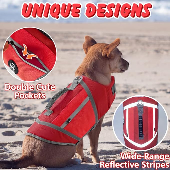 EMUST Dog Life Vests for Boating, Water-Resistant Dog Swimming Vest with Rescue Handle, Comfortable Fit Dog Life Jacket Medium with D-Ring for Rafting, Surfing, Canoeing, Red, M