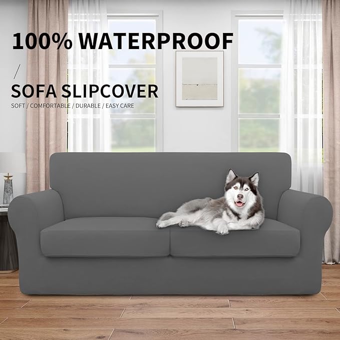 Easy-Going 100% Dual Waterproof 3 Pieces Oversized Loveseat Cover Stretch Soft Couch Cover for Dogs, Sofa Slipcover for 2 Separate Cushion Couch Leakproof Furniture Protector for Kids, Pets Gray