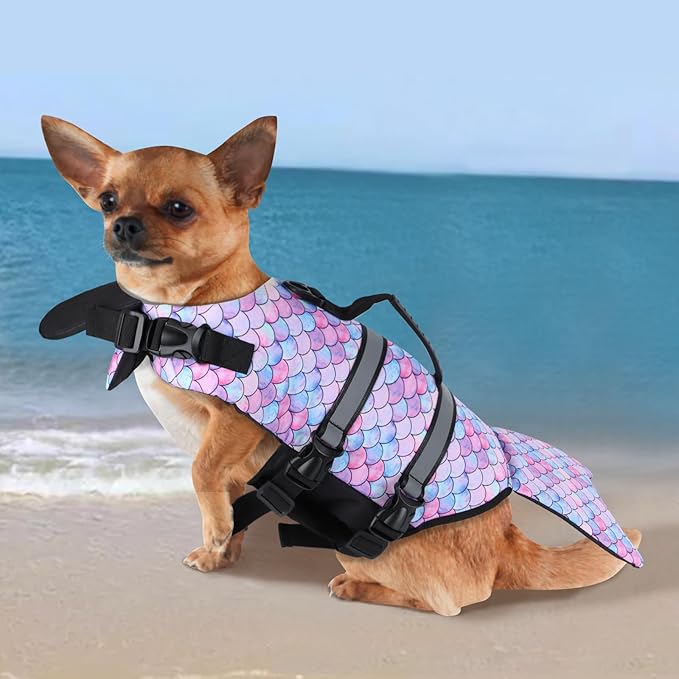 Dog Life Jacket Ripstop Pet Safety Floatation Vest Adjustable Dog Life Preserver Reflective Durable Rescue Handle Pet Lifesaver for Small Medium Large Dogs Swimming Beach Boating（Mermaid, M）