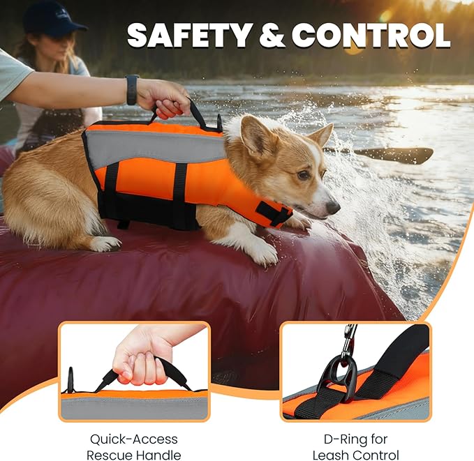 VIVAGLORY Front Float Dog Life Vest, Dog Life Jacket for Swimming & Boating, Swimming Vest with Chin Float & Handle, Ripstop & Buoyancy for Puppy Doggy, XXS, Bright Orange