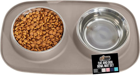 GORILLA GRIP Feeding Mat Bowl Set, 100% Waterproof BPA Free Silicone Base, 304 Stainless Steel Cat and Dog Bowls for Food and Water, Slip Resistant, High Edge, US Designed, Patent Pending, 2 Cup Beige