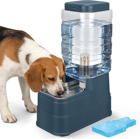 Automatic Dog Water Dispenser Gravity Stainless Steel Water Feeder Cat Waterer Feeder with Wide Mouth Bowl for Small Medium Dog Puppy Kitten (Filter &Ice Pack Included) 2.2Gallon Navy
