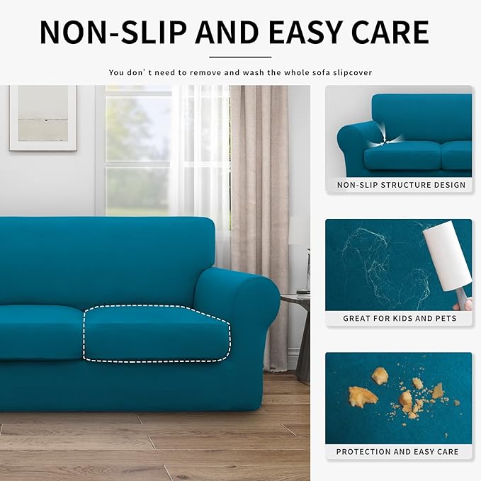 Easy-Going 100% Dual Waterproof 2 Pieces Chair Cover Stretch Soft Couch Cover for Dogs, Sofa Slipcover for 1 Separate Cushion Couch Leakproof Furniture Protector for Kids, Pets Peacock Blue