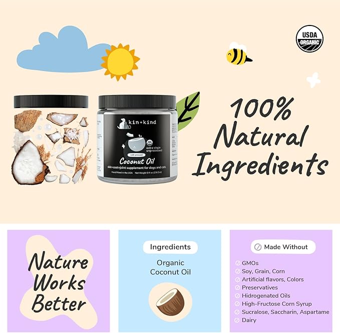 kin+kind Organic Coconut Oil for Dogs & Cats – Natural Pet Supplement for Healthy Skin, Coat & Paws – Cold Pressed Extra Virgin Coconut Oil – Dog Nose Balm for Itchy Skin & Dry Noses – 3 x 16 fl oz