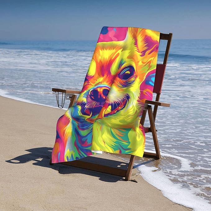 Colorful Chihuahua Beach Towel Dog Sand-Free Microfiber Bath Towel Ultra Soft Quick Dry Pool Towel Absorbent Towel Lightweight Towel Gifts for Outdoor Bathroom Swimming Decor 31inx51in