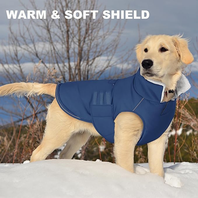 Mklhgty Extra Warm Dog Coat, Waterproof Dog Winter Jacket with Leash Portal, Fleece Reflective Pet Snow Vest for Small Medium Large Dogs - Blue - S