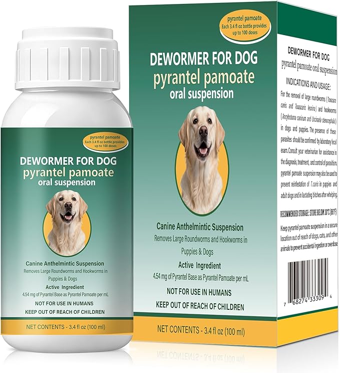 Dog Dewormer Liquid for Large Dogs for All wormers – Pyrantel Pamoate for Roundworms & Hookworms, 100 mL (3.4 fl oz) ﻿