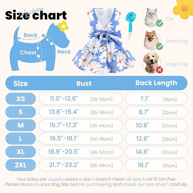 Cute Dog Dress Small Dog Clothes for Girls Female Puppy Outfits Floral Pet Summer Clothes Bowknot Doggy Harness Dress Cat Princess Dresses for Holiday Birthday Party (Blue Daisy, Small)